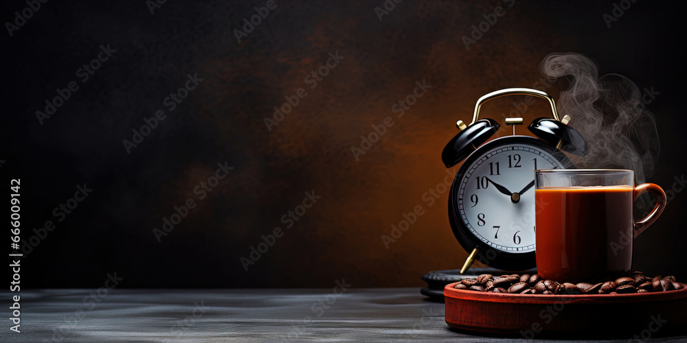 Vintage alarm clock and cup of coffee on the uniform dark backdrop with a copy space. Generative AI