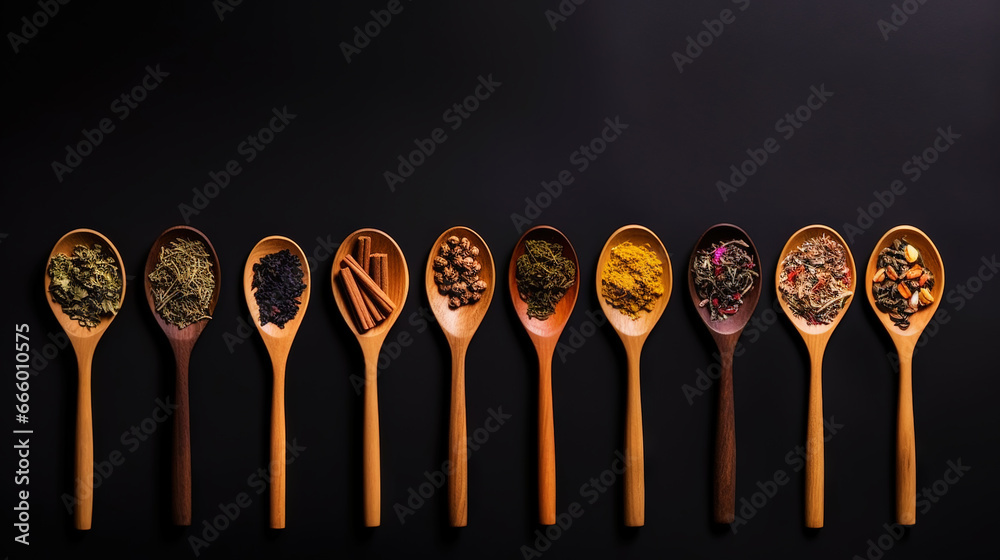 Different types of tea and herbs in vintage wood spoons, top view on dark background. Copy space. Generative AI