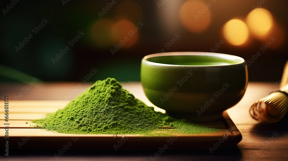 Closeup of matcha tea powder in a wooden plate with whisk on dark background, side view, copy space. Generative AI