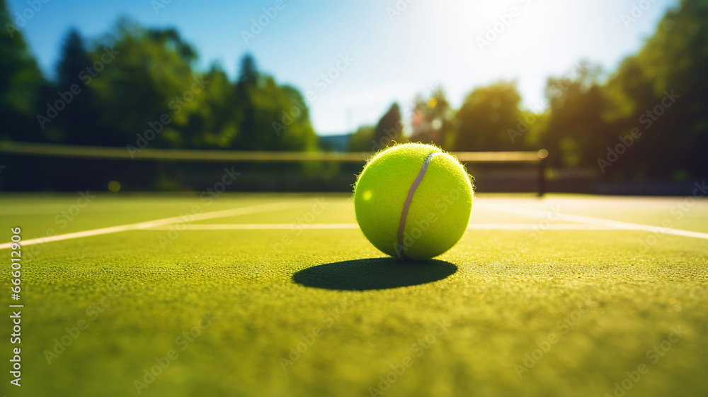 Closeup of tennis ball on empty court. Tennis match on sunny day. Concept of a sporty lifestyle. Generative AI