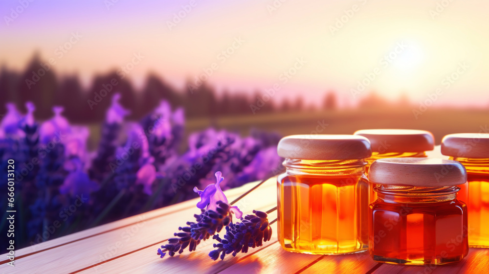 Jars of organic flower honey on a wooden table, with lavender, sunset in the background. Generative AI