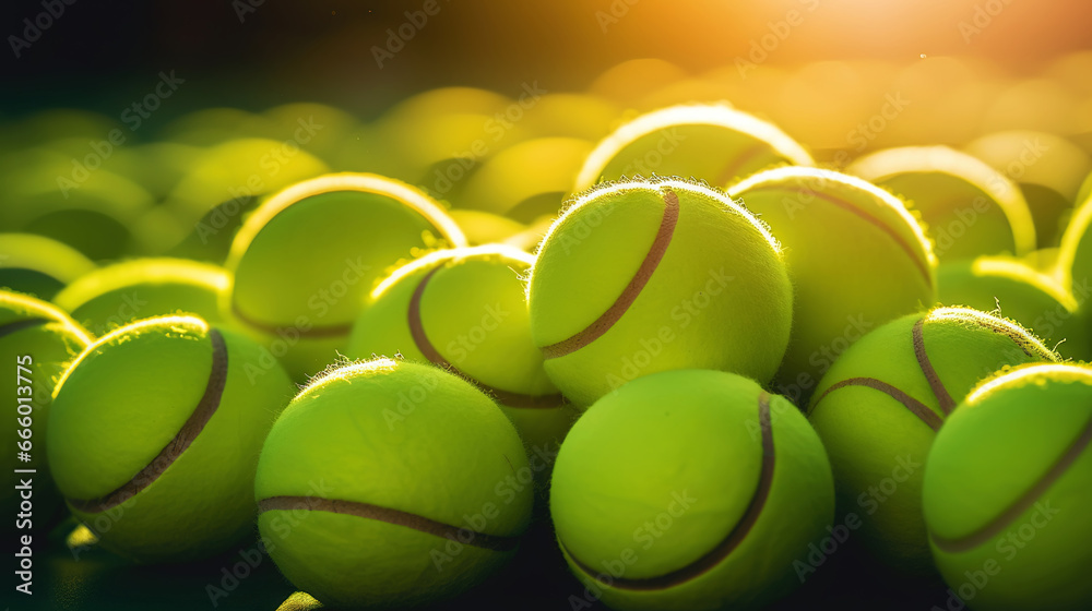 Closeup of a plenty of tennis balls on an empty tennis court, the sunshine. Sports lifestyle concept. Generative AI