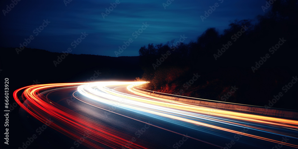 Rush of Twilight: Streaks of Speed. Speed light trails, Colorful glowing swirls. Generative AI