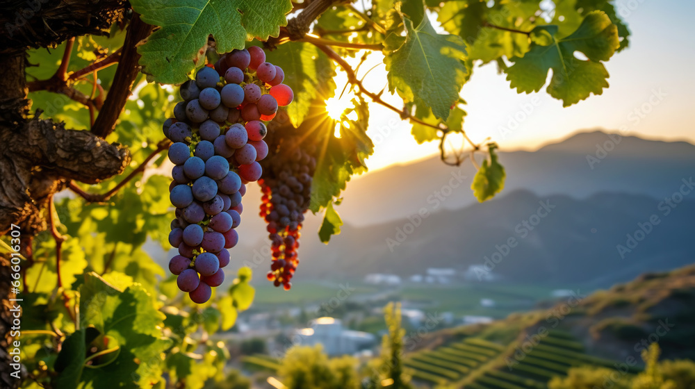 A large bunch of ripe blue grapes on the vine, with blurred mountains on background. Generative AI