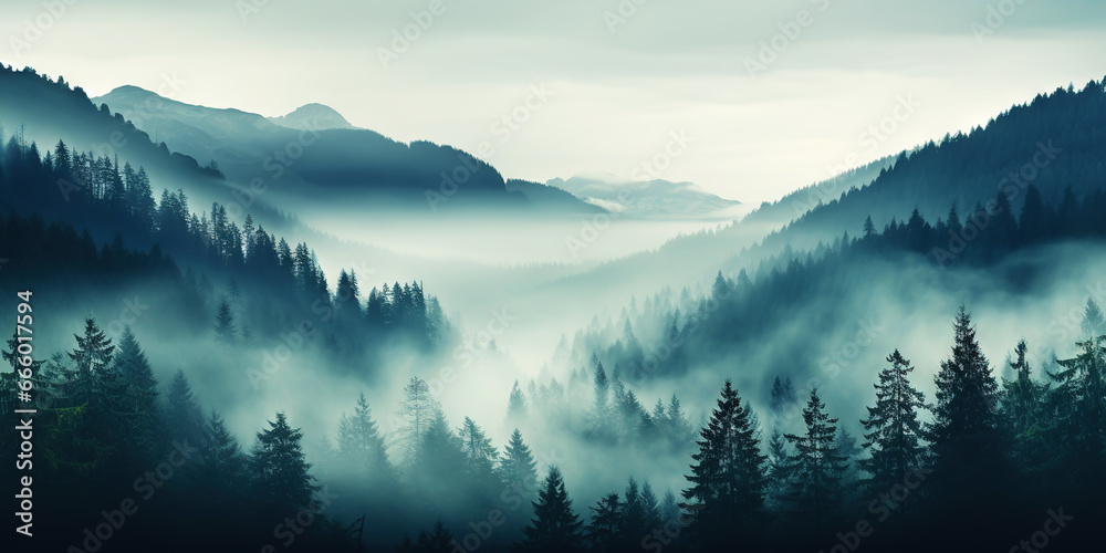 Misty mountain landscape with fir forest in vintage retro style. Generative AI