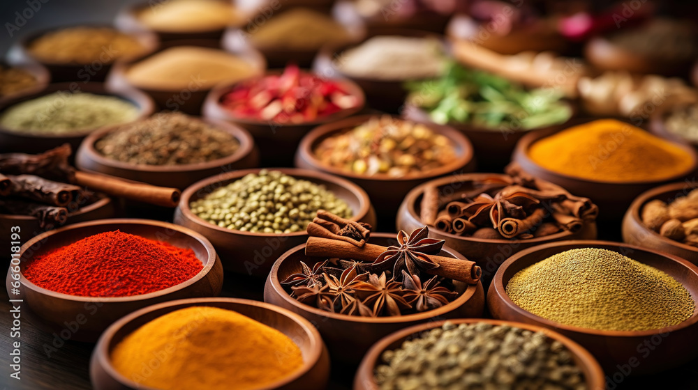 Collection of different aromatic spices, seeds and herbs in a small plates on wooden table, side view. Generative AI