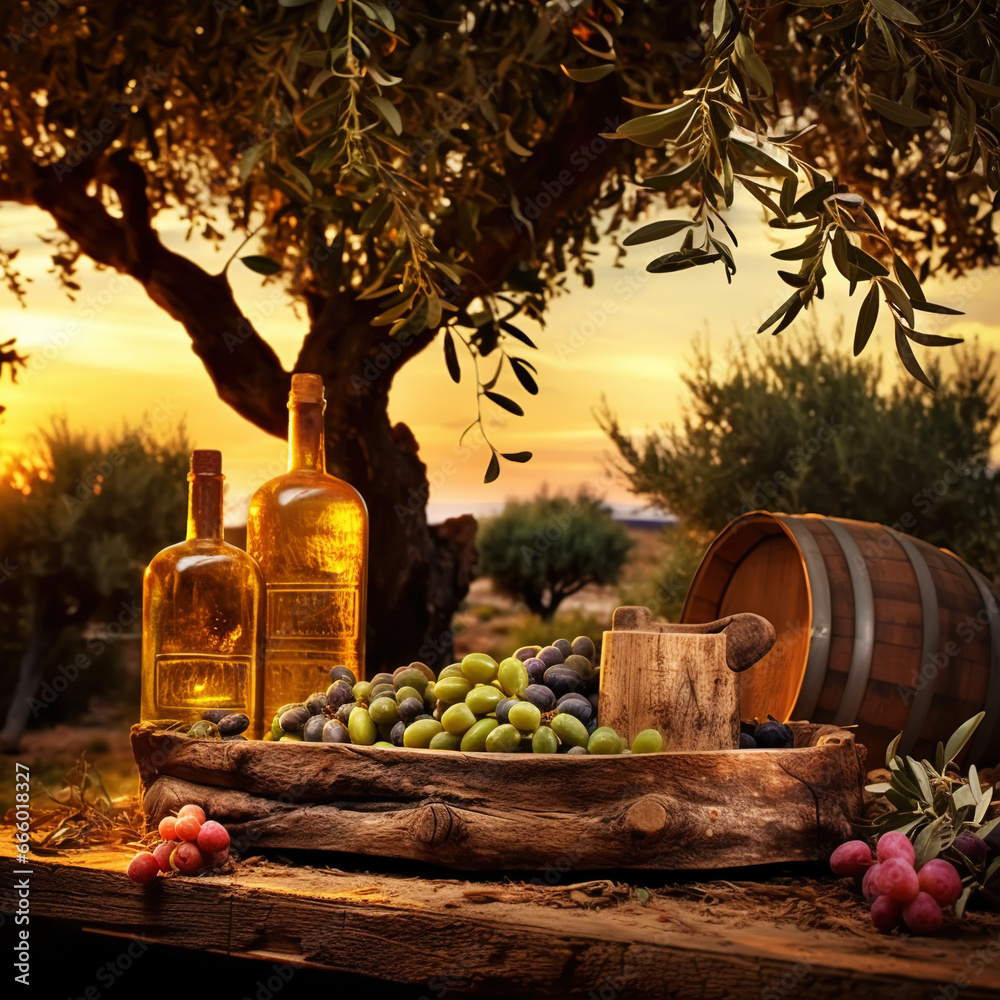 Bottles with organic olive oil and olives on a wooden table on the background of sunset in an farm garden. Generative AI