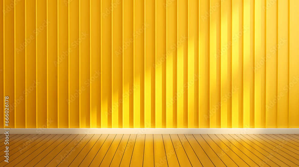 yellow empty room with wooden floor, yellow wall background