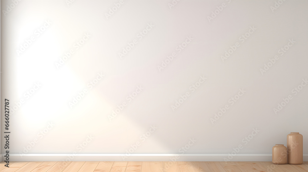 White classic wall background, brown parquet floor, home furniture detail, frame and vase of plant., beige Interior background 3d render, empty brown room