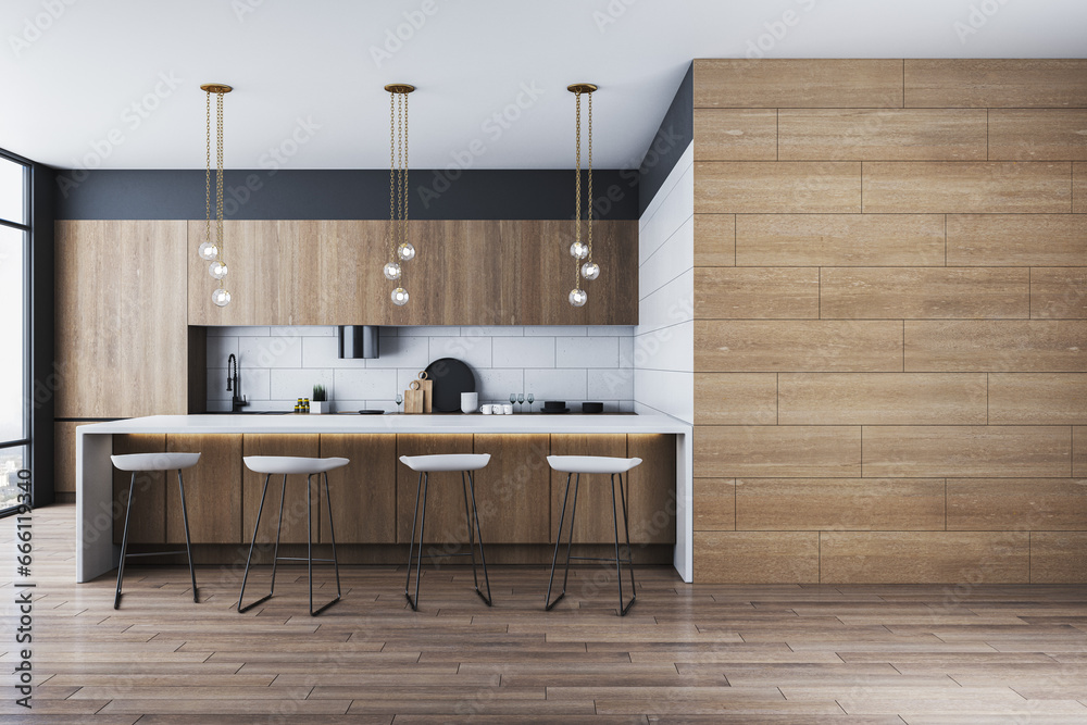 Modern hardwood kitchen interior with furniture and panoramic window with city view and daylight. 3D Rendering.