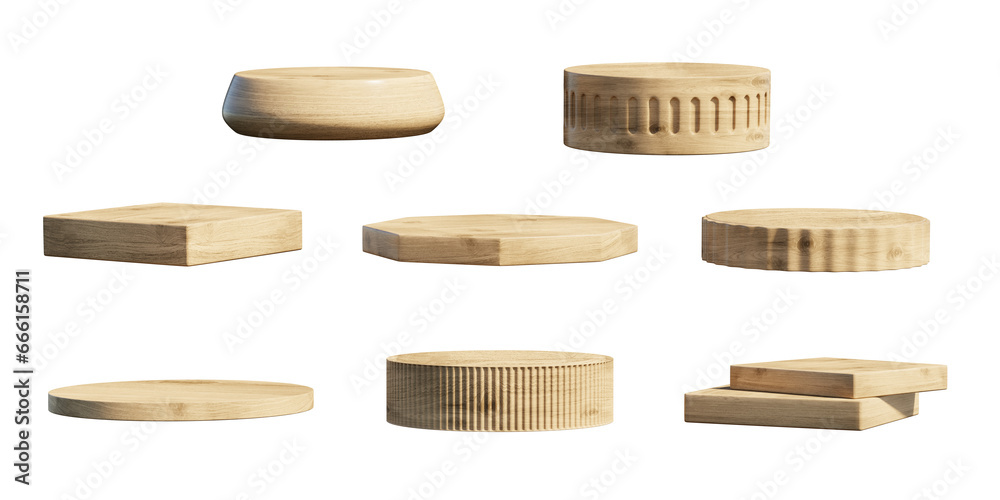 Wood podium set isolated on white background 3d rendering