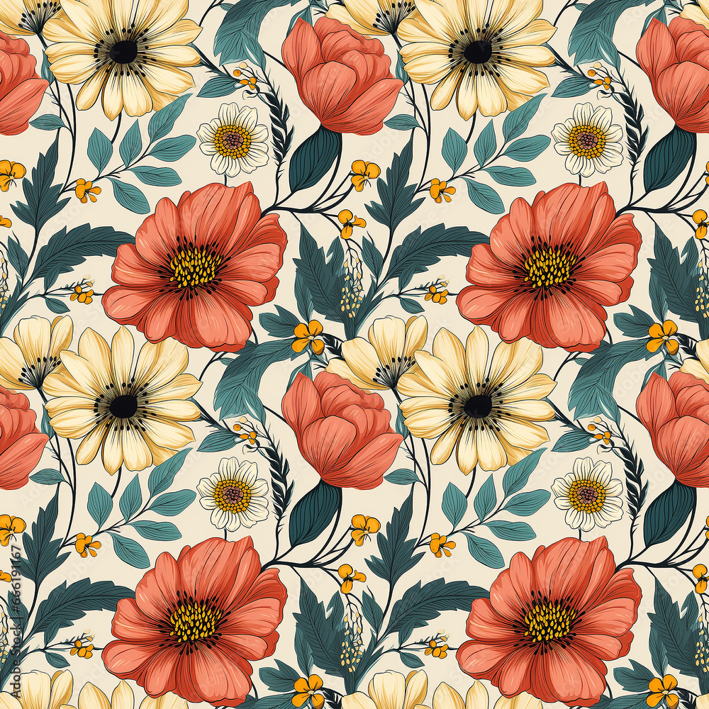 retro flowers botanical illustration. Seamless pattern.