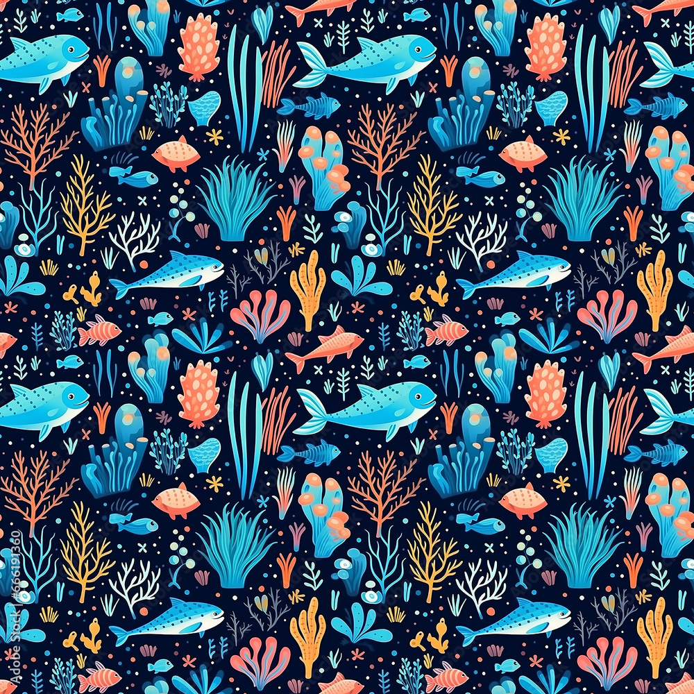 childish cartoon vibrant pattern with sea life. Seamless pattern.