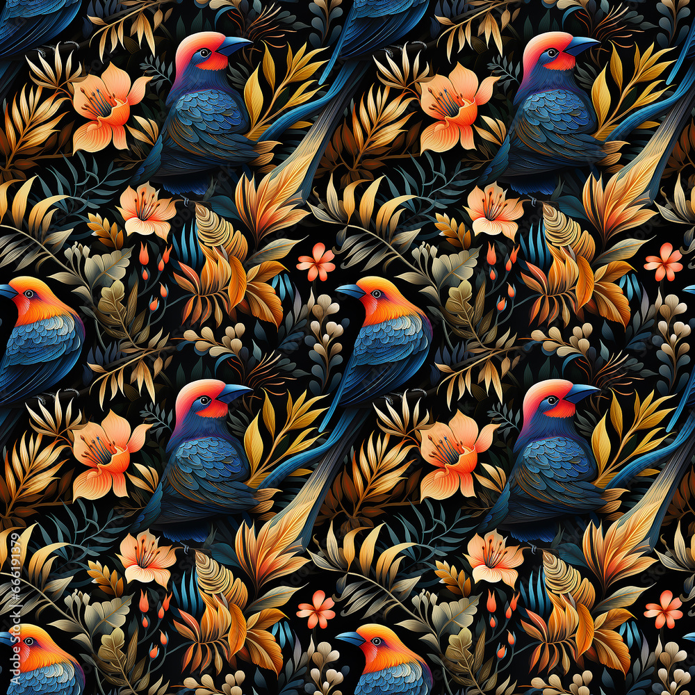 tropical leaves flowers birds. Seamless pattern.