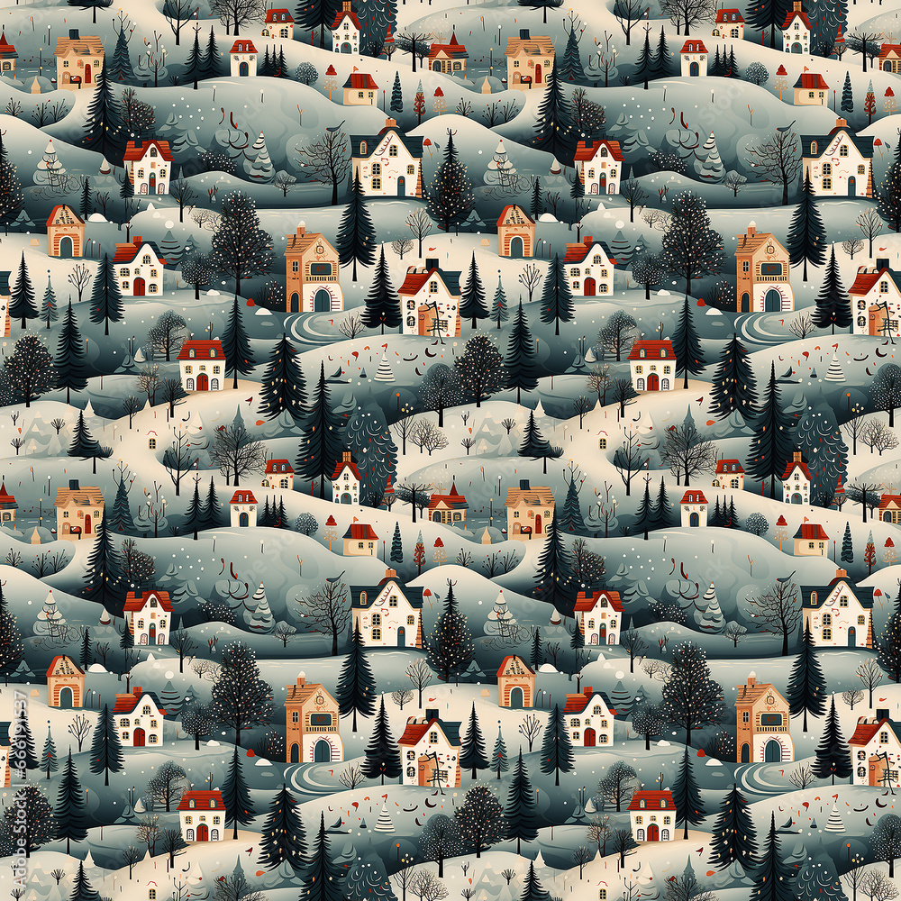 christmas in litte town  naive art. Seamless pattern.