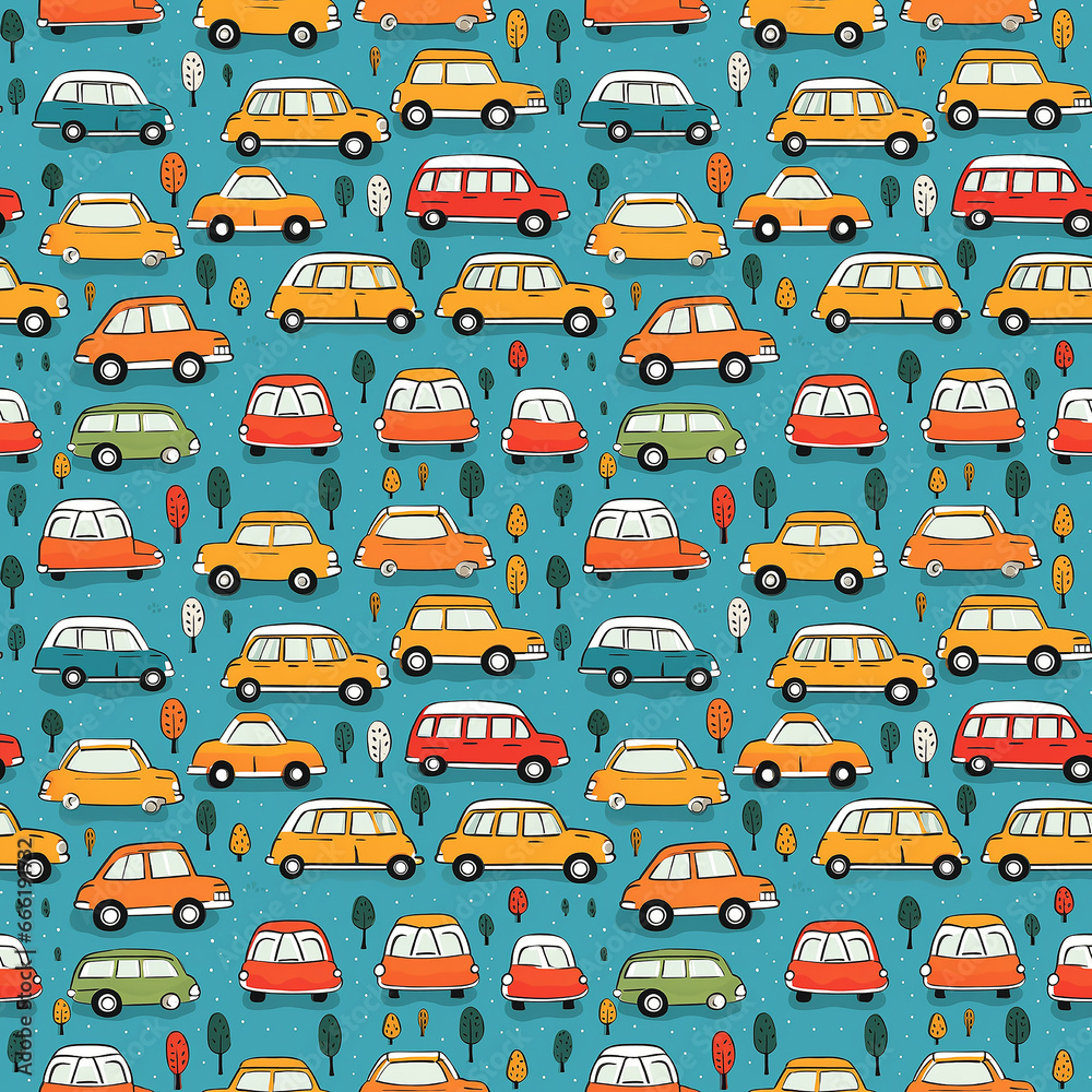 cute little cars naive art. Seamless pattern.