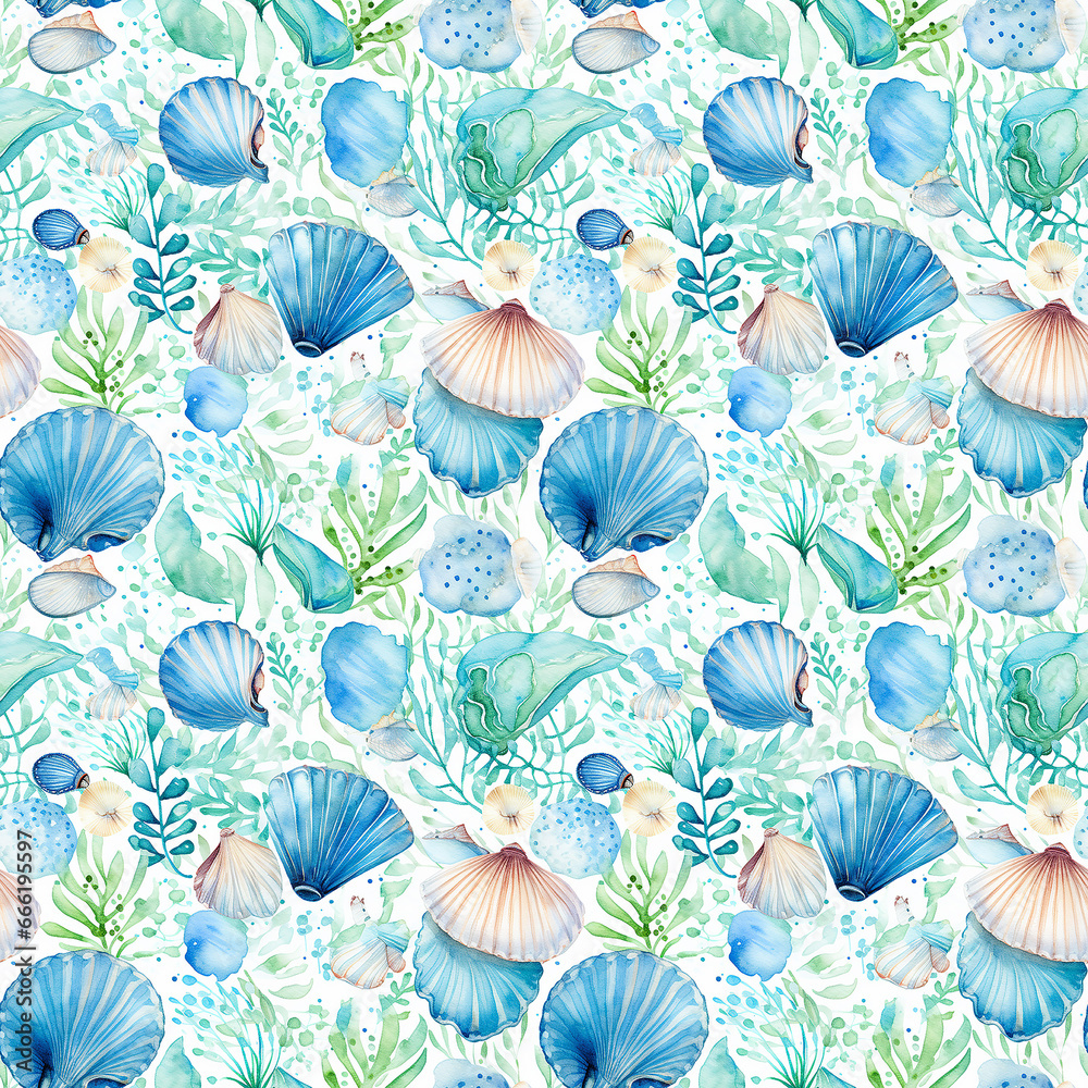 A Vintage Ocean Background Watercolor Seashell Seamless pattern.