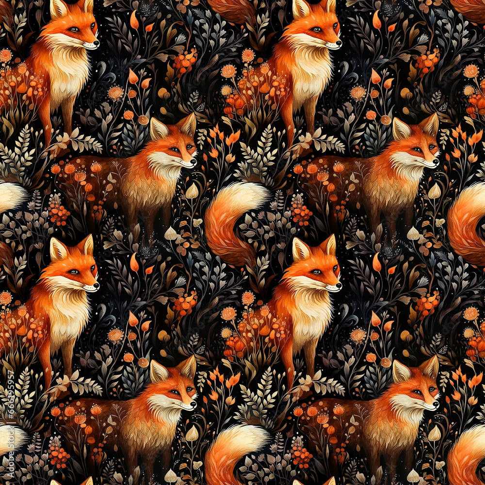 seamless pattern with red foxes in floral Seamless pattern.