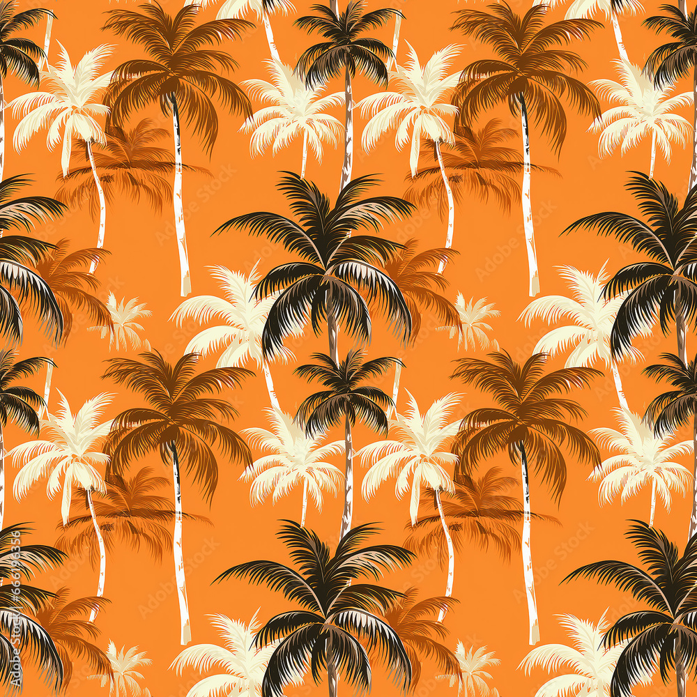 Seamless tropical pattern palm trees on an orange background