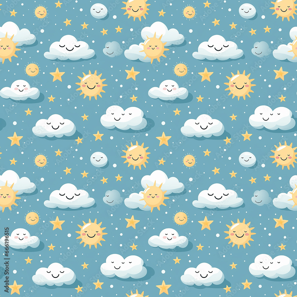 cute childish pattern with sun and clouds. Seamless pattern.