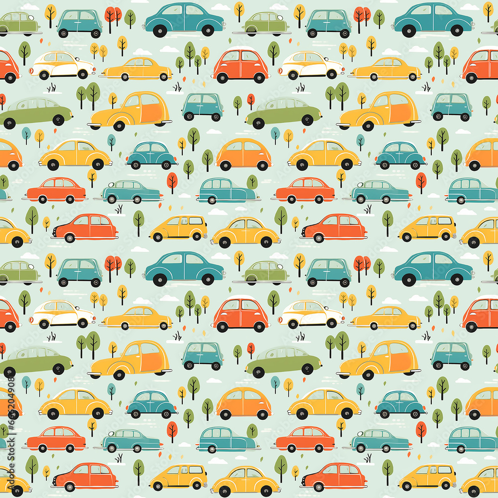 cute little cars naive art. Seamless pattern.