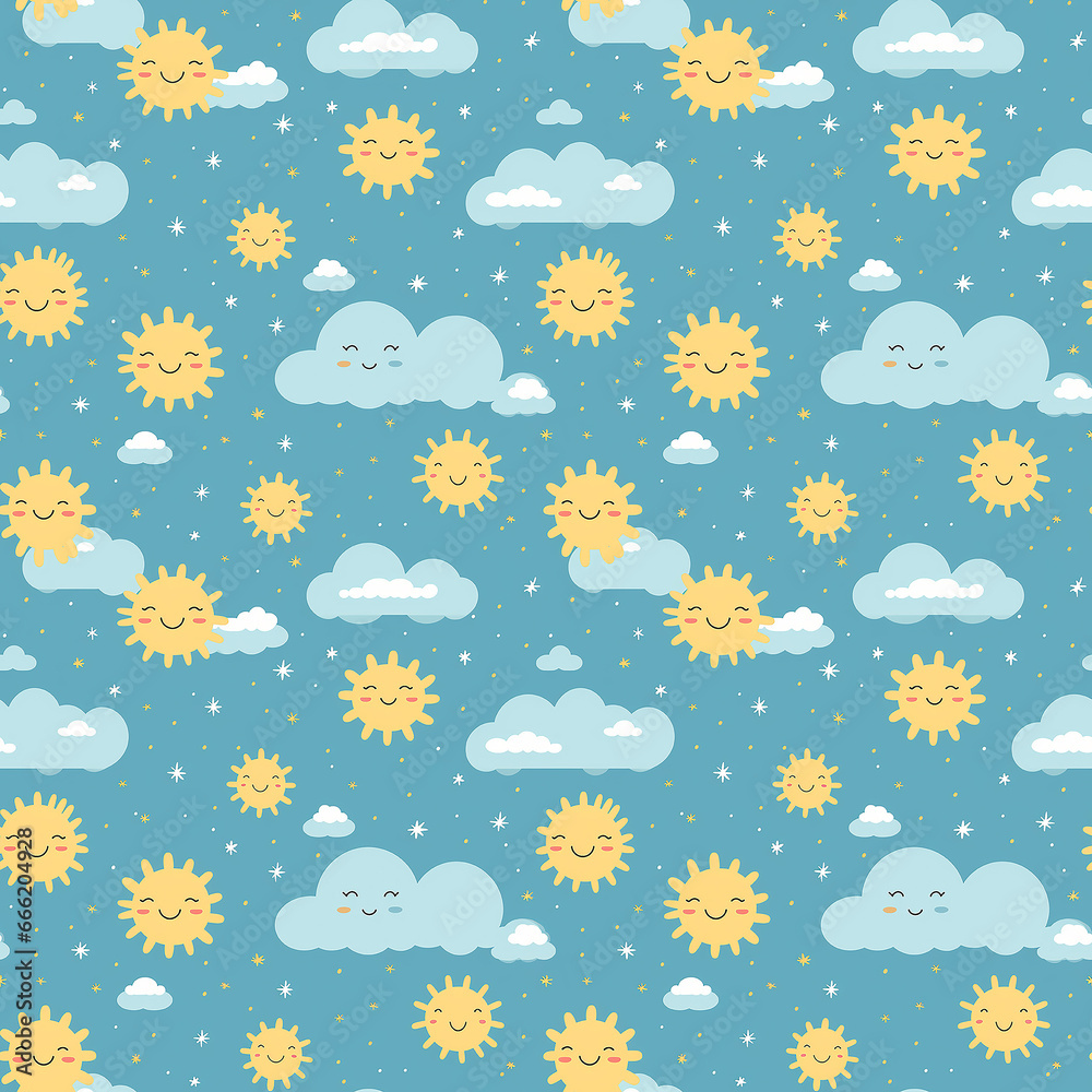 cute childish pattern with sun and clouds. Seamless pattern.