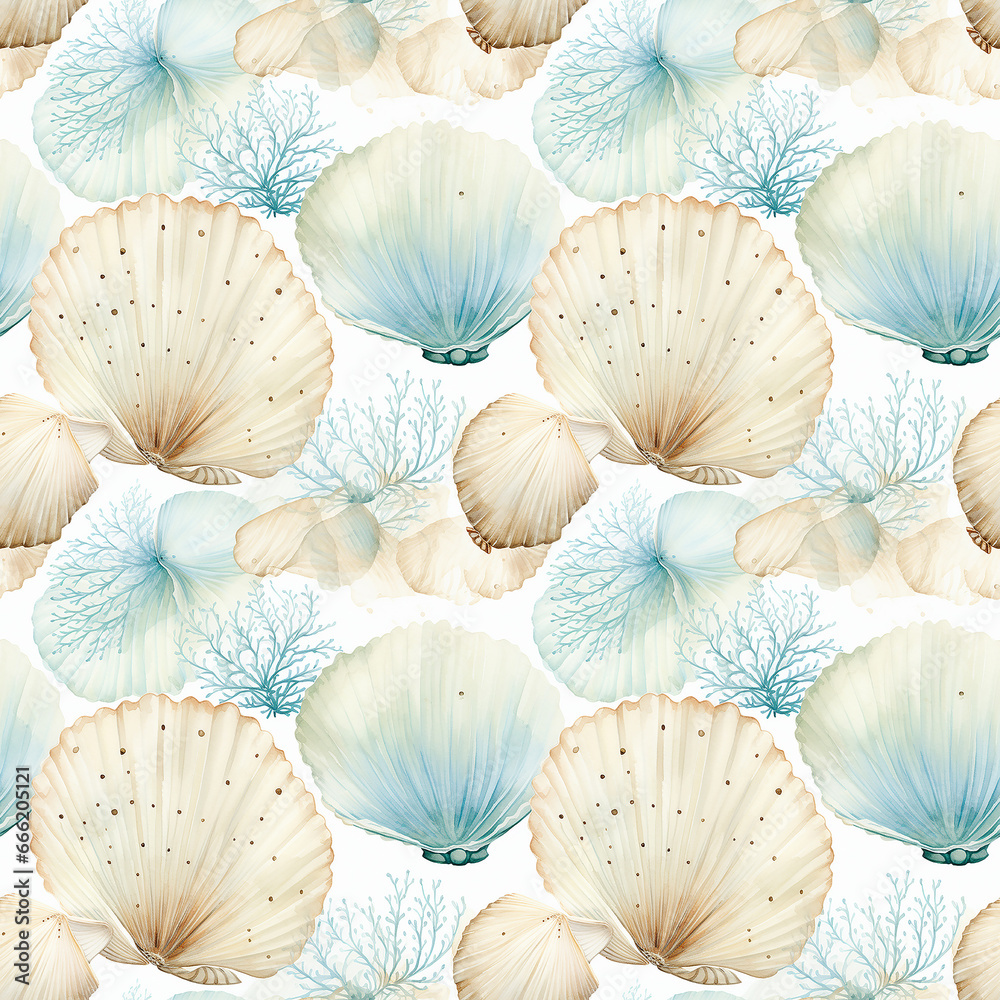 A Vintage Ocean Background Watercolor Seashell Seamless pattern.