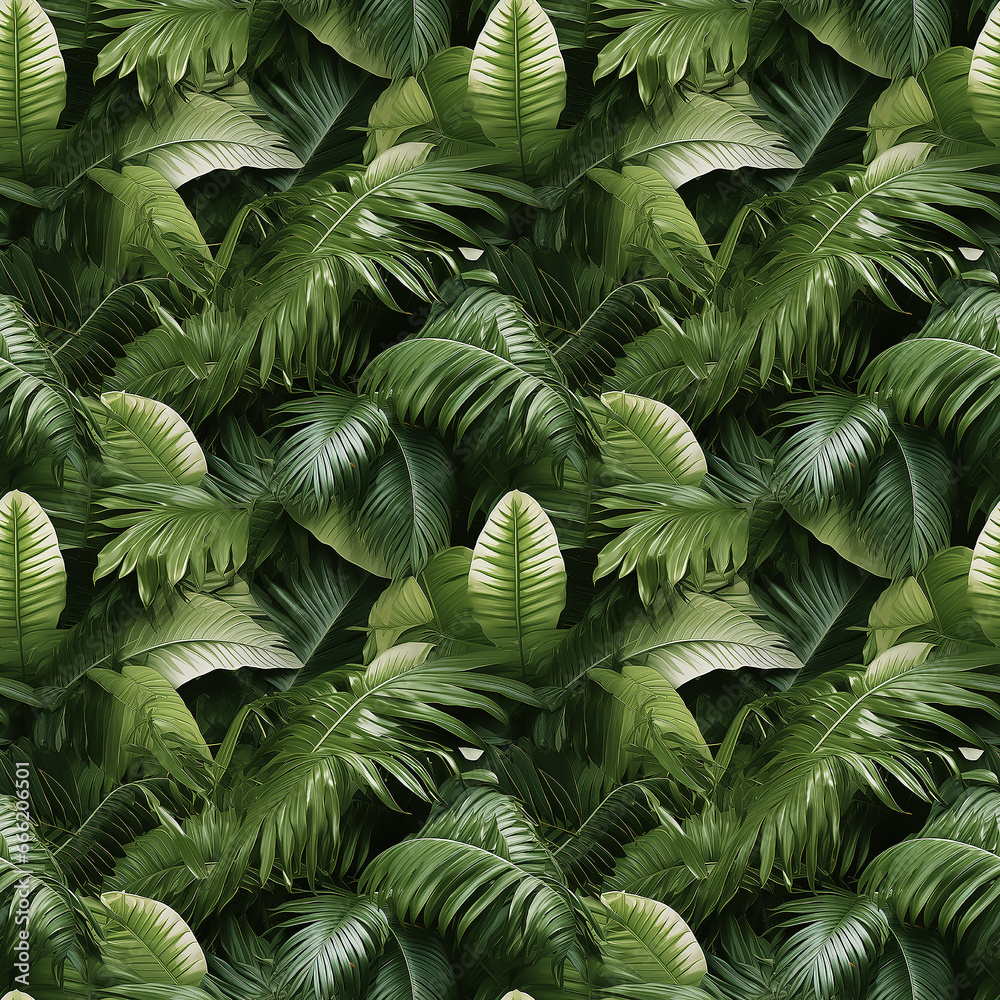 green palm leaves. Seamless pattern.