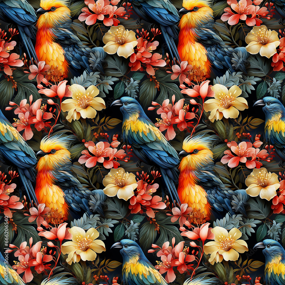 tropical leaves flowers birds. Seamless pattern.