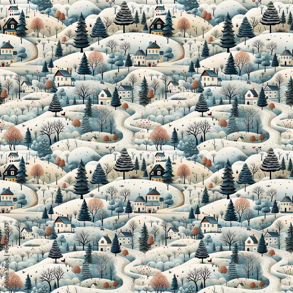 winter in litte town  naive art. Seamless pattern.