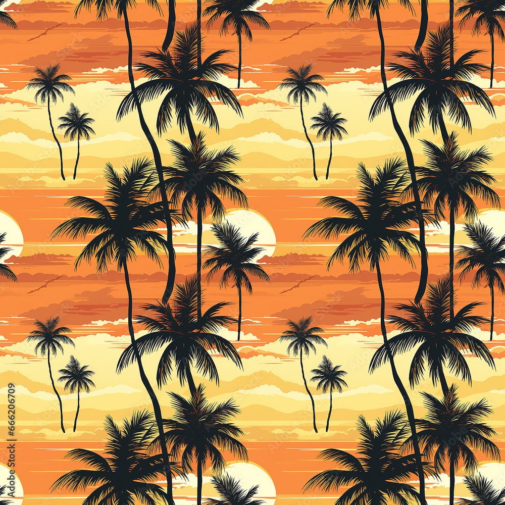 Seamless tropical pattern palm trees on an orange background