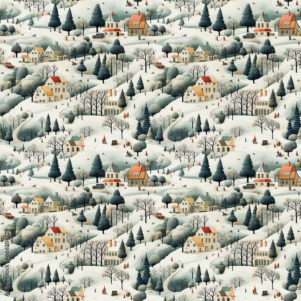 winter in litte town  naive art. Seamless pattern.