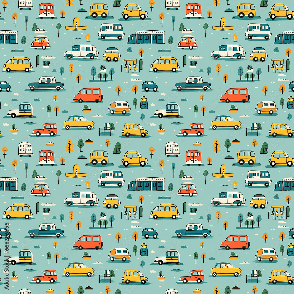 cute little cars naive art. Seamless pattern.