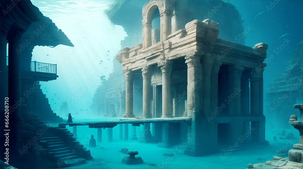 Ruins of an old historical legendary city under water. The Atlantic. A lost civilization. Generative AI