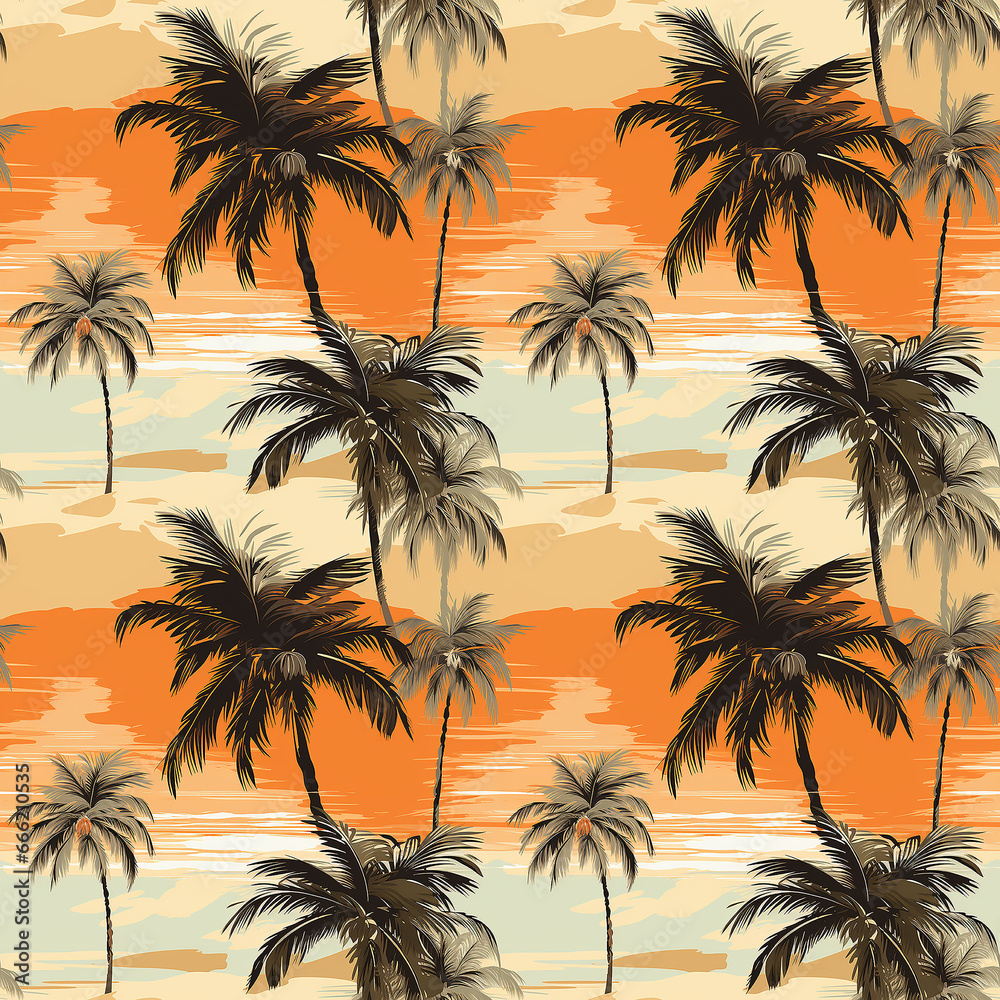 Seamless tropical pattern palm trees on an orange background