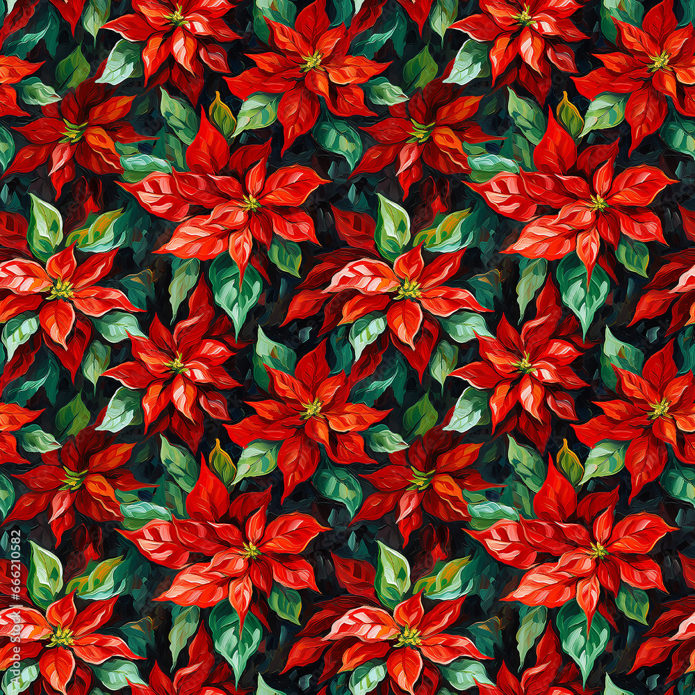 poinsettia oil painting flower pattern. Seamless pattern.