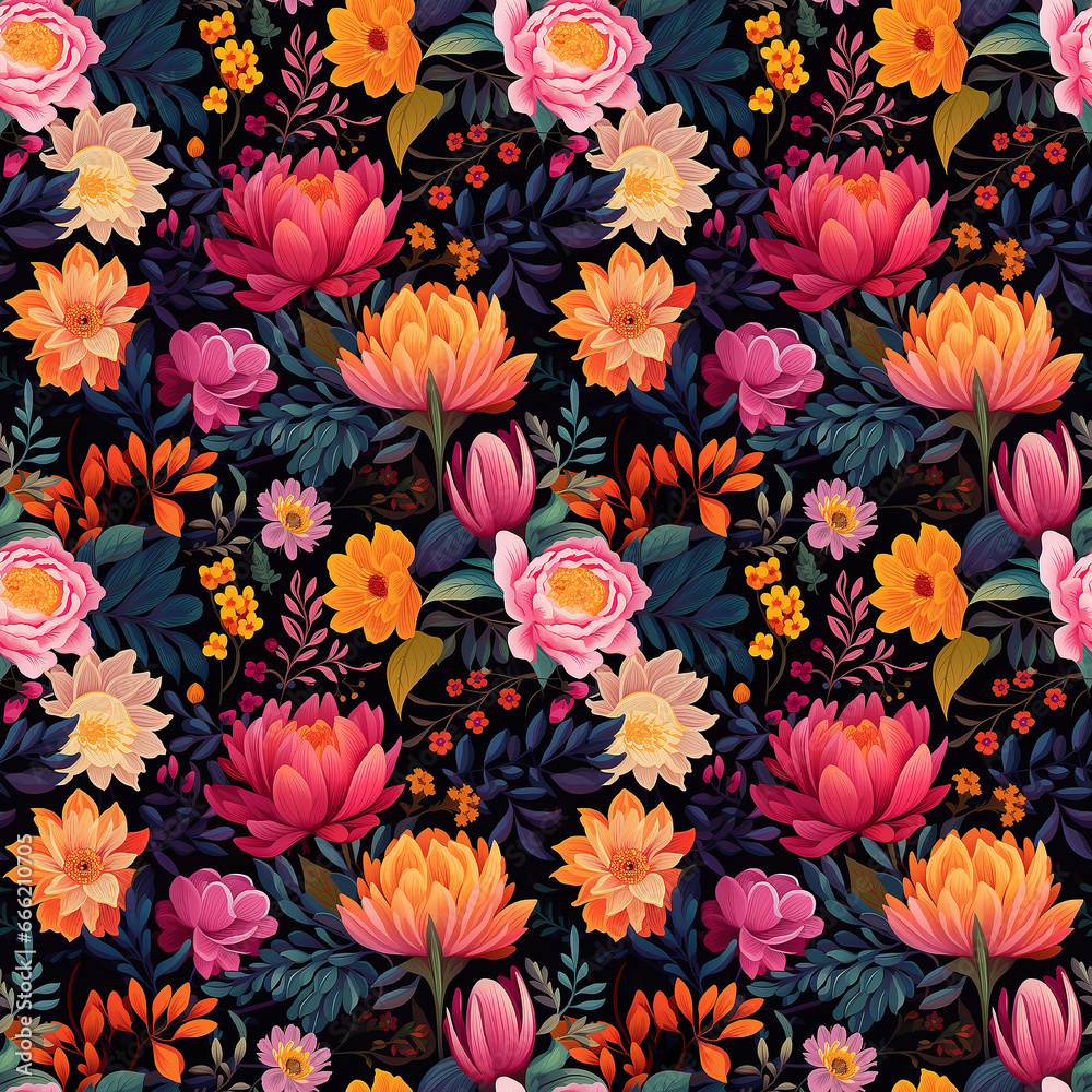 Vibrant Flower Arrangements Illustrated on a Dark Background. Seamless pattern.