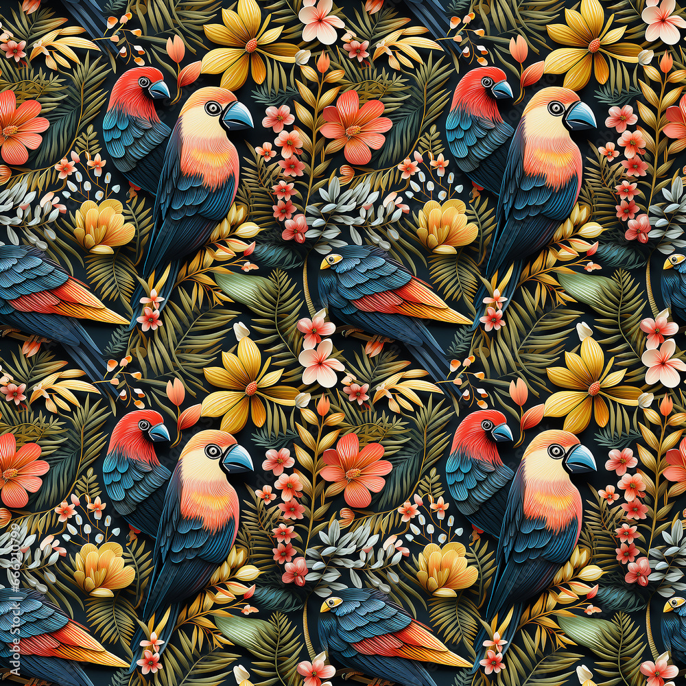 tropical leaves flowers birds. Seamless pattern.