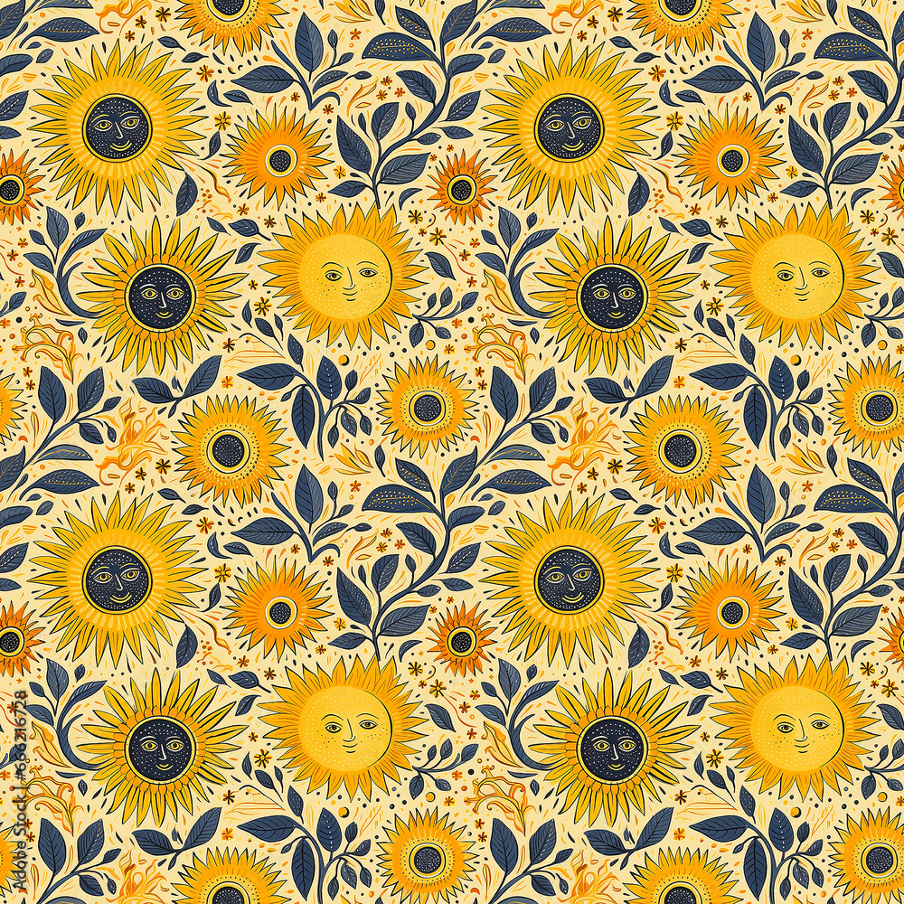 yellow sun. naive art. Seamless pattern.