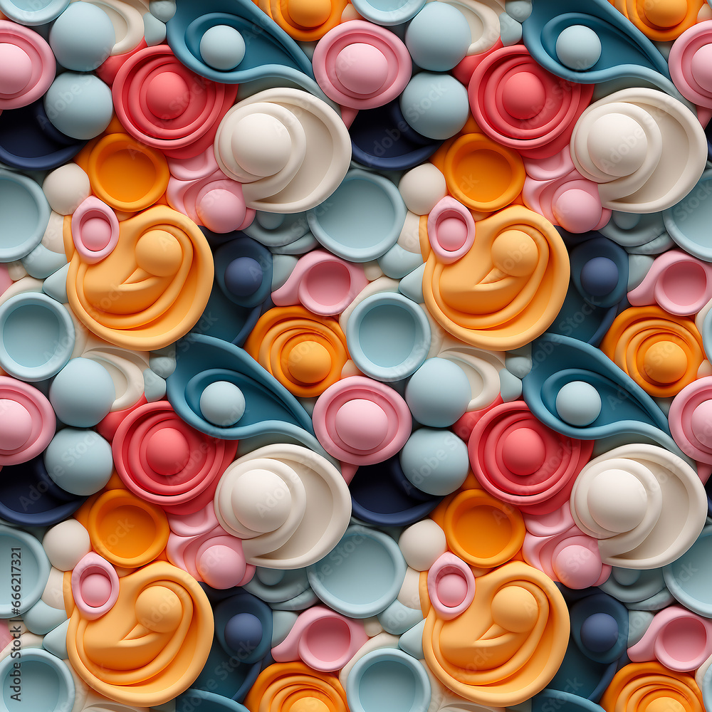 3d plasticine minimalist circle soft colors. Seamless pattern.