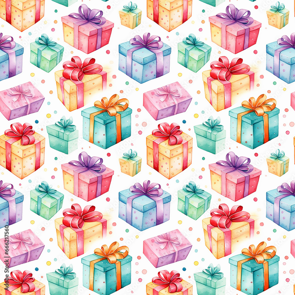 cute watercolor colorful vibrant gifts. Seamless pattern.