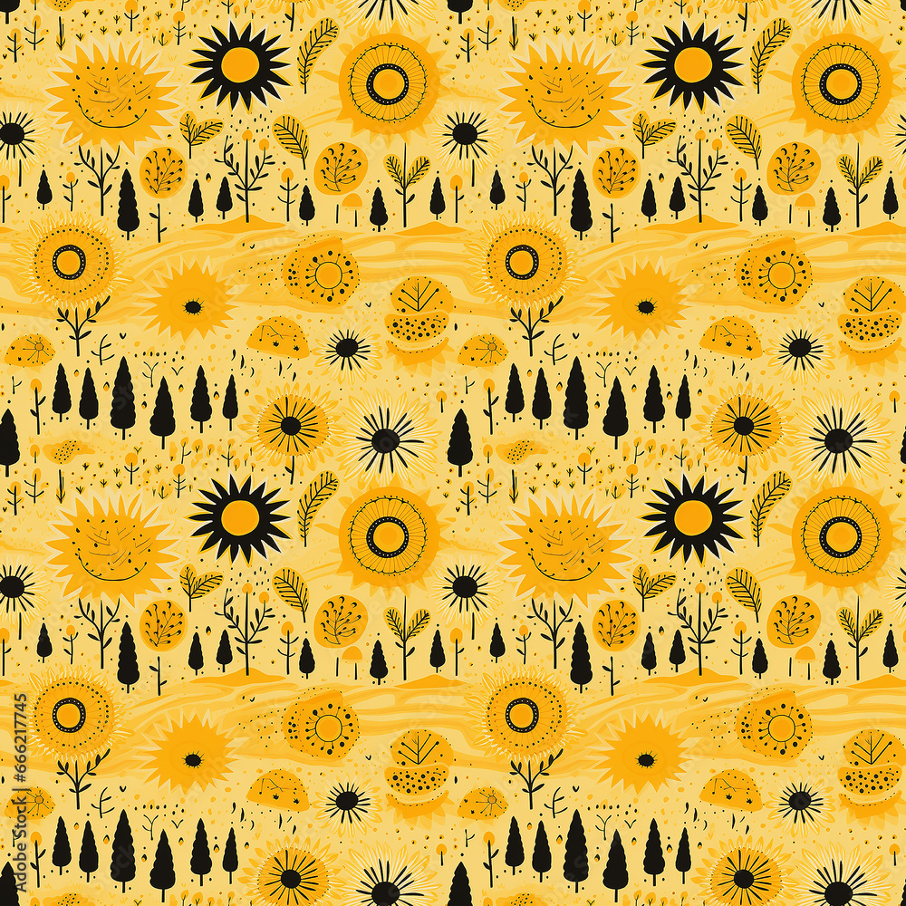 yellow sun. naive art. Seamless pattern.