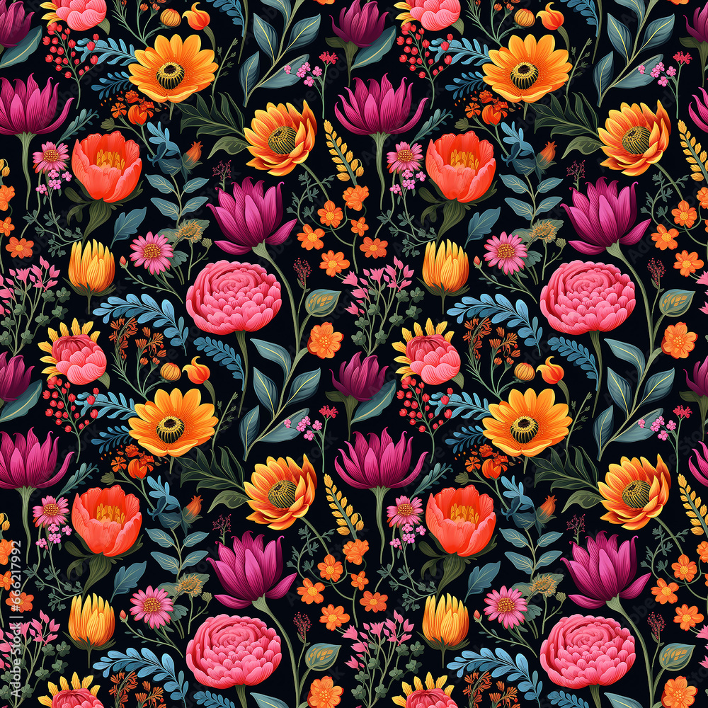 Vibrant Flower Arrangements Illustrated on a Dark Background. Seamless pattern.