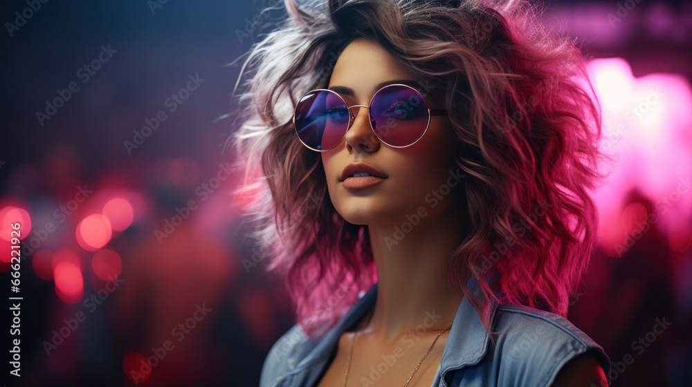 a girl in fluorescent shades in a neon nightclub