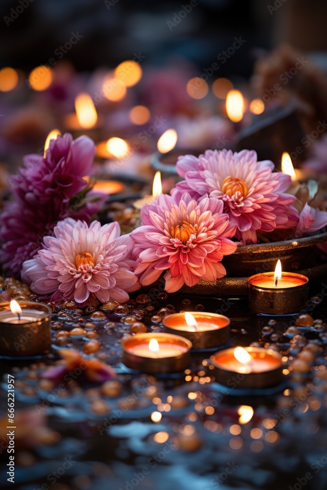 flowers and candles are lit at night