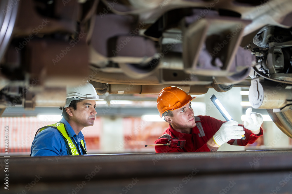 Instructor and apprentices under train in railway engineering facility