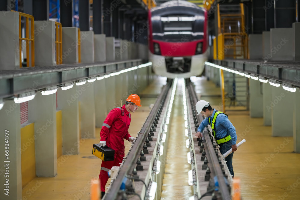 Instructor and apprentices under train in railway engineering facility