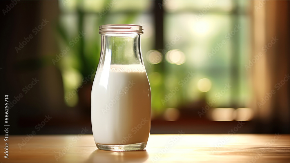 Milk in glass bottle on table in coffee shop, closeup