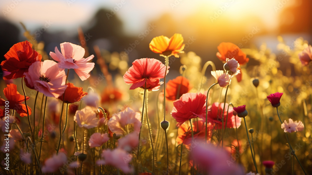 Field full of autumn flowers at sunrise