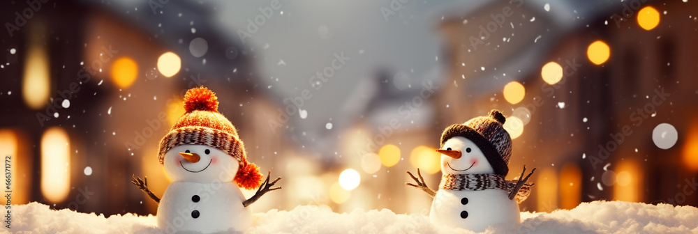 Happy cute snowmen with scarf and hat in an old town